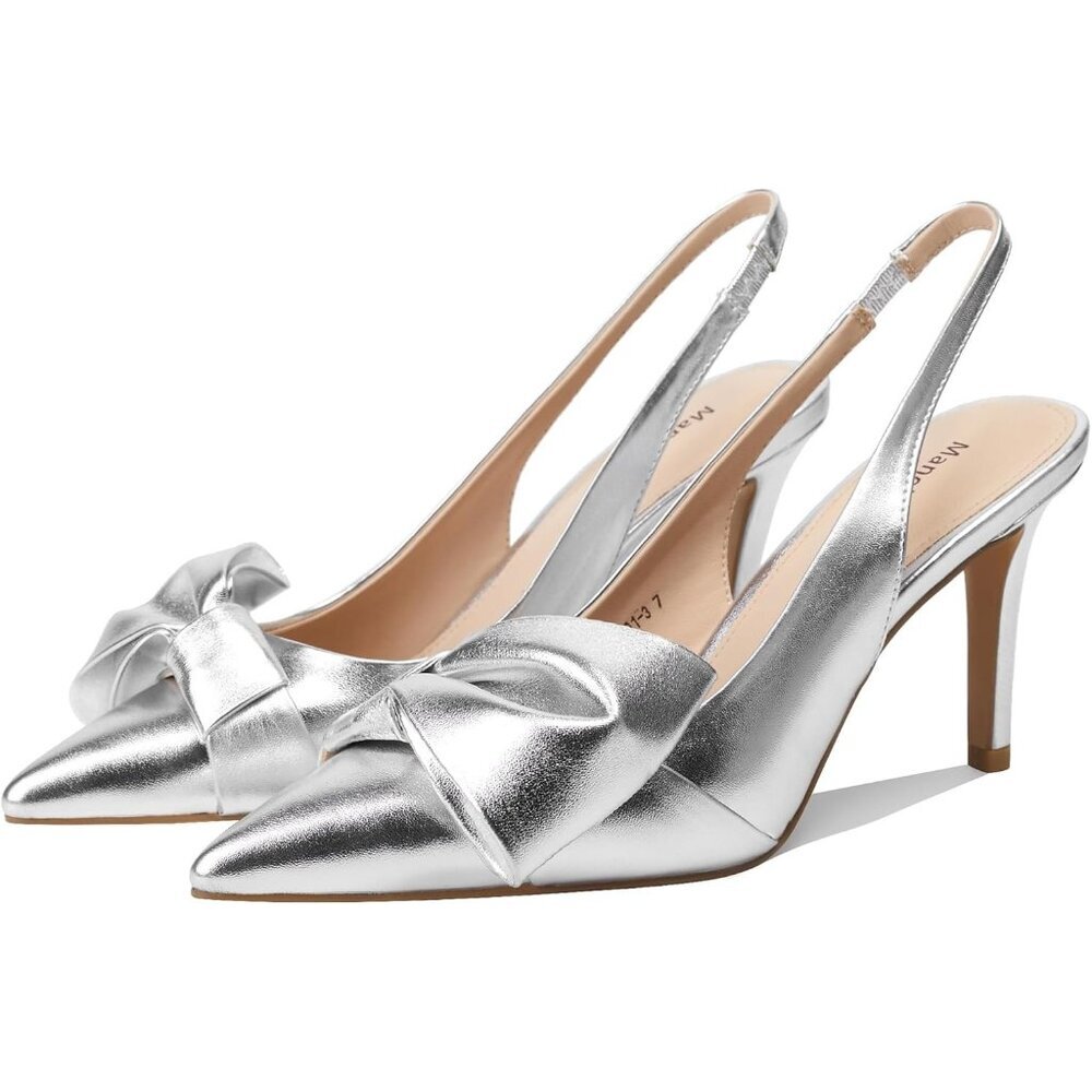 Women's Pu Sliver Slingback Elasticated Strap Stylish Comfortable Bow Heel